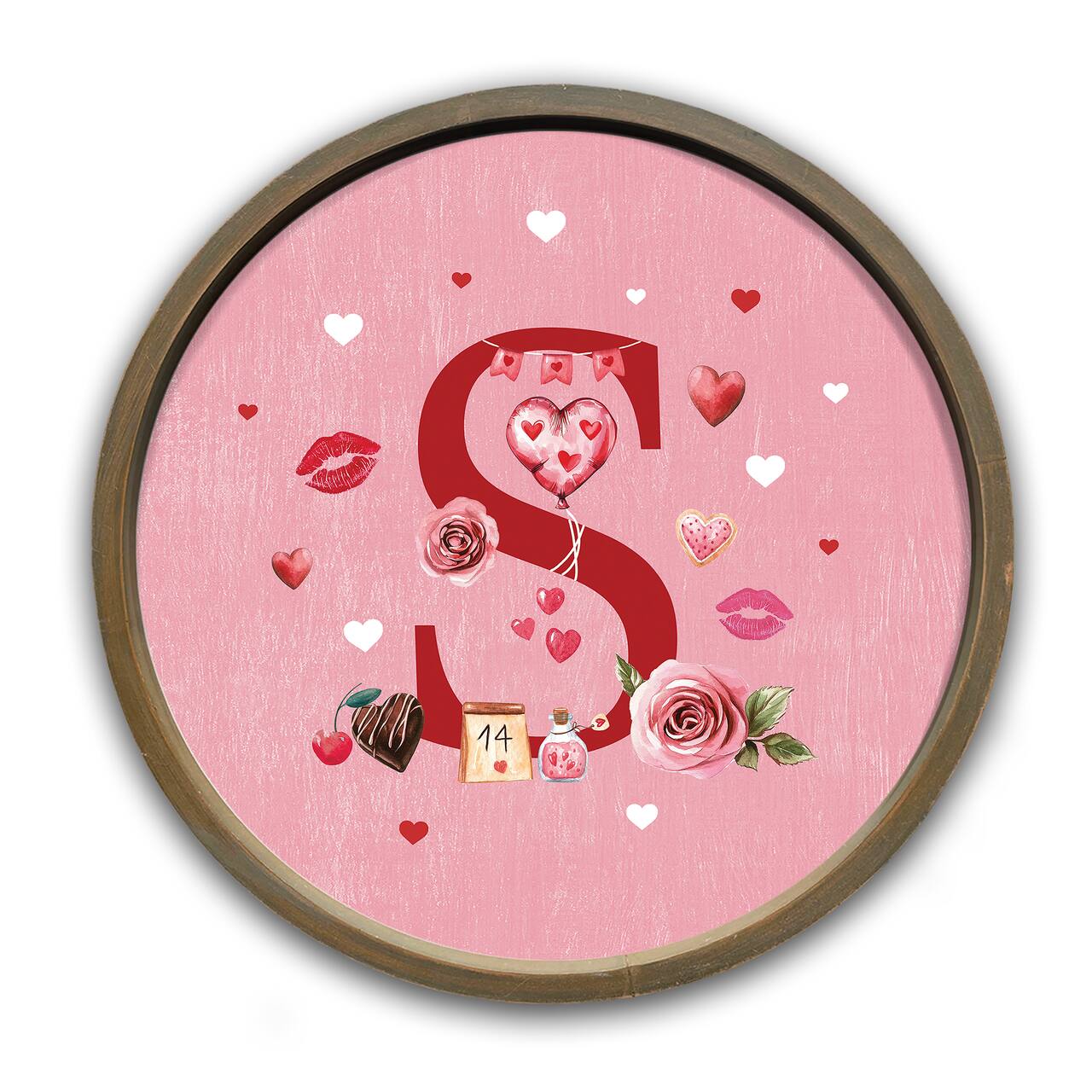 Valentine Things Monogram Round Brown Framed Print